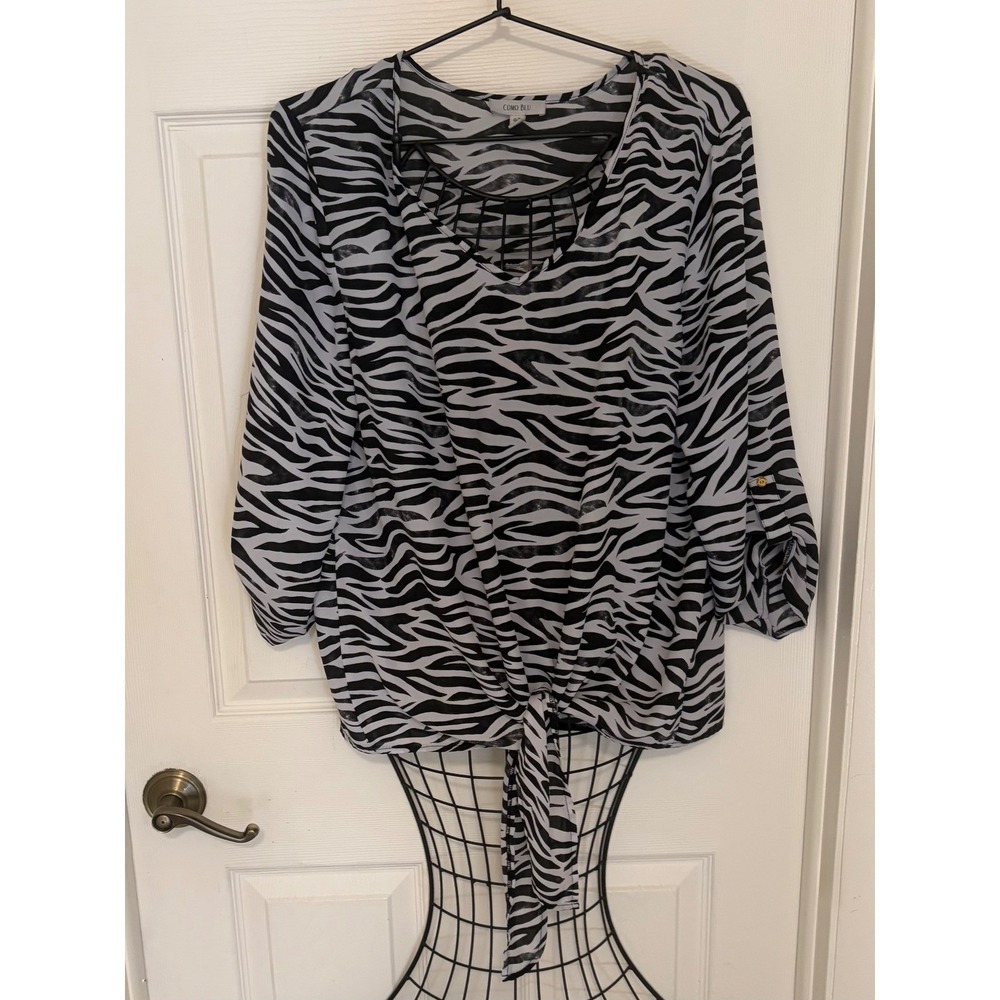 Como Blu Women's Large Zebra Print Tie Front Blouse Black White Sheer
